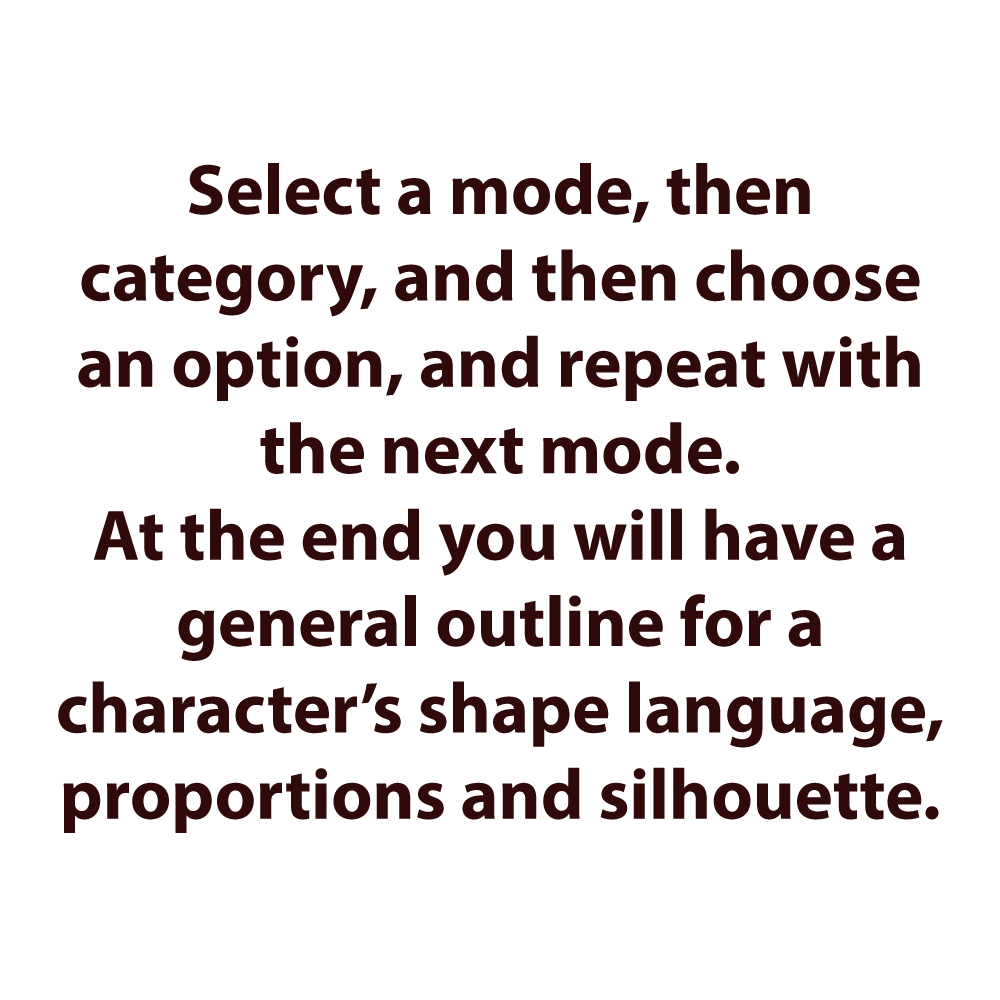 a transparent image with the text 'select a mode, then category, and then choose an option, and repeat with the next mode. at the end you will have a general outline for a character's shape language, proportions and silhouette.'